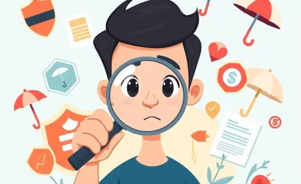 Person navigating insurance symbols with a magnifying glass