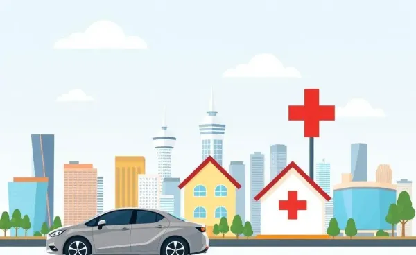Cartoon-style Canadian skyline with insurance symbols