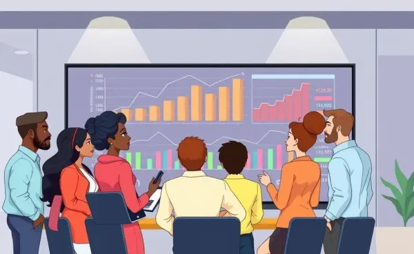 Cartoon-style image of professionals in a financial discussion setting