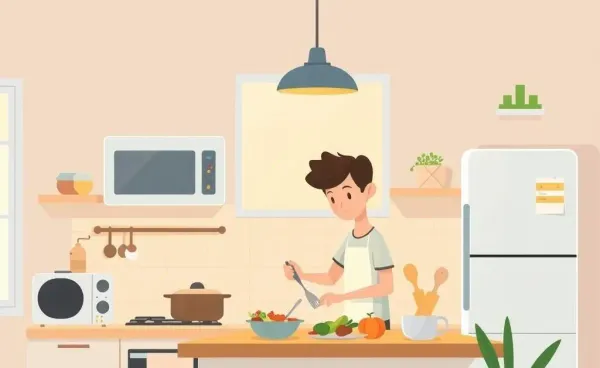 Illustration of a person joyfully cooking in a kitchen