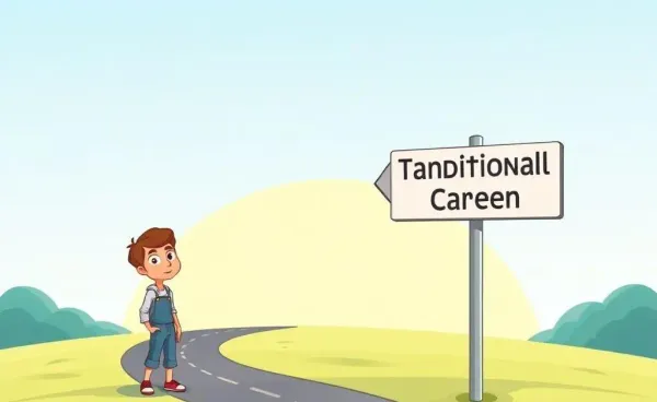 A cartoon-style illustration of a person choosing between financial independence and a traditional career path