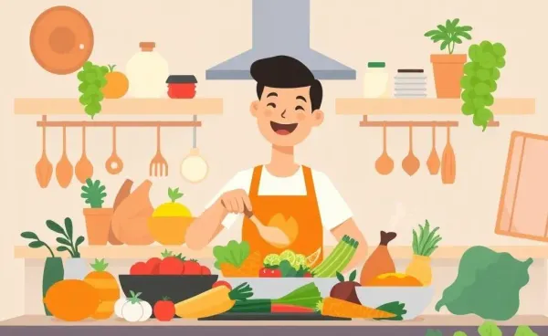 A person cooking happily in a cozy kitchen