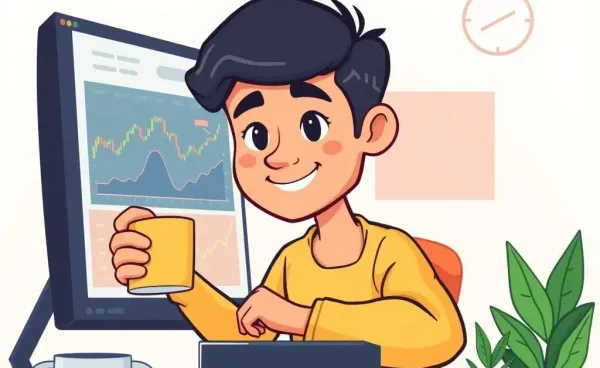 A cartoon of a person analyzing stock charts