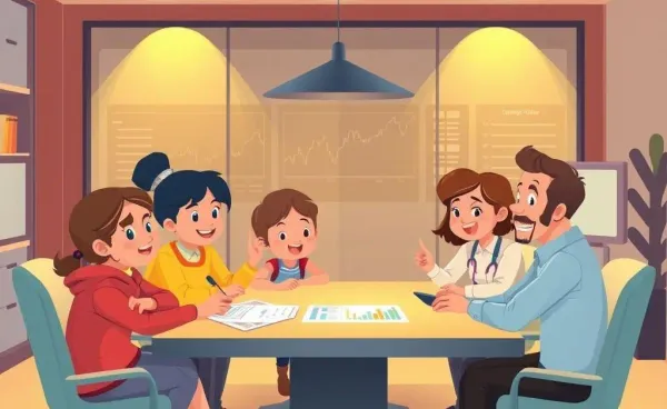 Cartoon characters discussing stock portfolios around a table