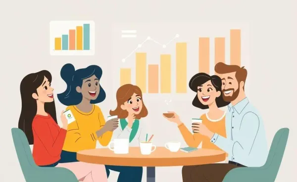People discussing finance with charts and graphs.