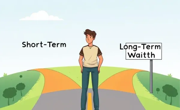 Person standing at a crossroads between short-term gains and long-term wealth
