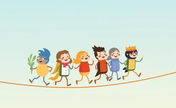 Cartoon image of stocks balancing on a tightrope representing a balanced portfolio