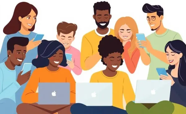 Diverse people interacting online using devices