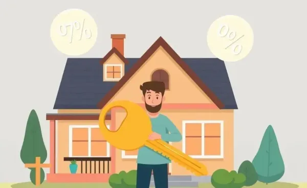 Person with a key unlocking mortgage secrets with symbols of percentage around a house