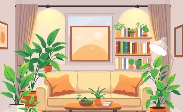 Cozy organized living room with plants and books