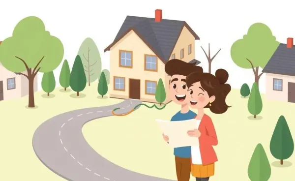 A cartoon illustration of a couple looking at a new house with a roadmap.