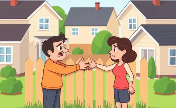 Neighbors resolving their dispute over a fence with a handshake