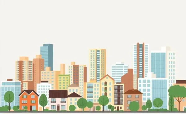 Hand-drawn cityscape with diverse real estate properties