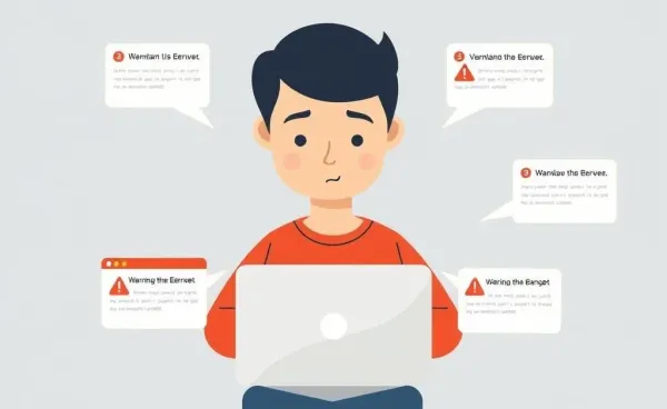 Individual browsing the Internet cautiously with scam warning signs