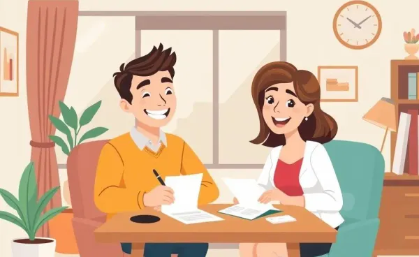 Happy couple signing mortgage papers in an office setting