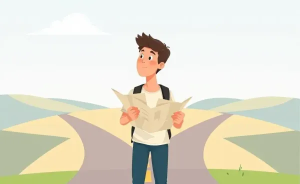 Person at a fork in the road with a map
