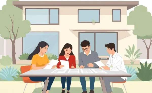 People reviewing documents with a house in the background