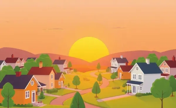 A cartoon-style image of a peaceful suburban neighborhood at sunset