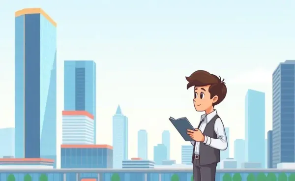 Cartoon of real estate investing with a person examining properties