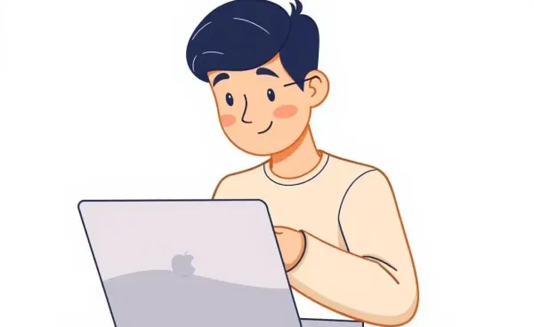 A cartoon-style image of a person confidently navigating online transactions on their laptop