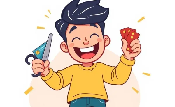 Person cutting credit cards with a big smile