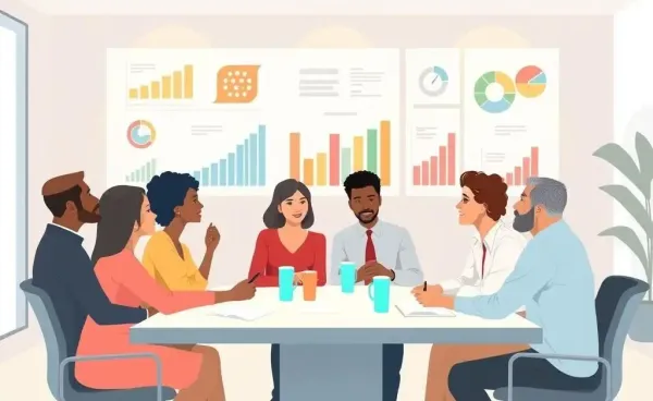 A diverse group discussing financial independence with charts in the background