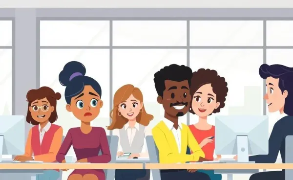 Cartoon-style illustration of diverse employees in an office setting.