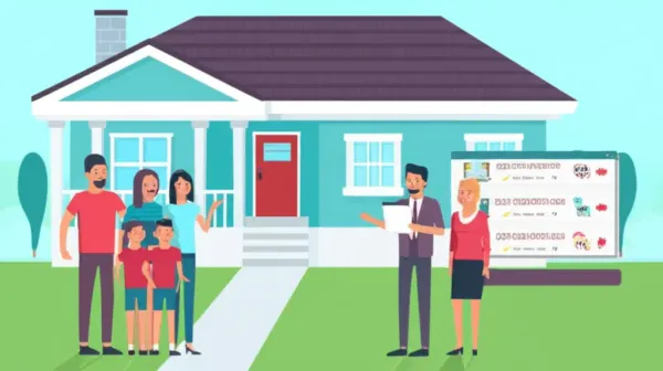 Cheerful family discussing mortgage with a bank representative