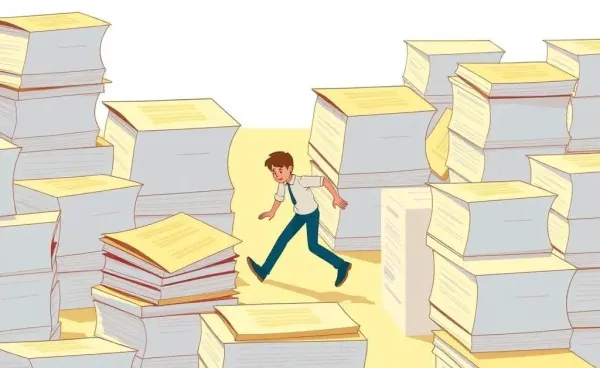 Person navigating a maze of insurance documents