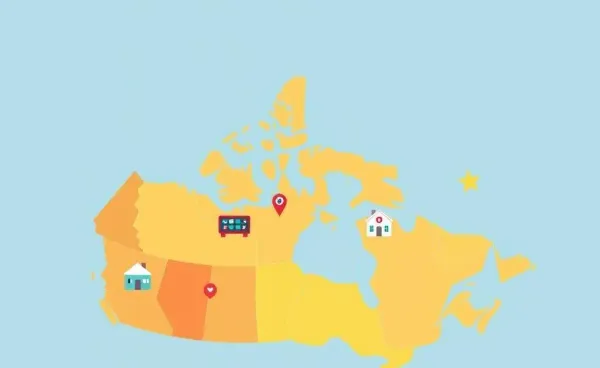 Cartoon map of Canada with insurance icons