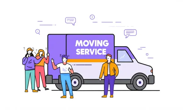 Cartoon of a moving truck with stressed individuals around it