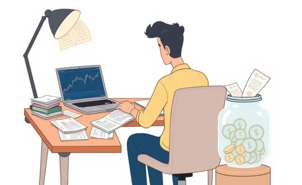 Illustration of a person managing personal finances with a laptop and savings jar.