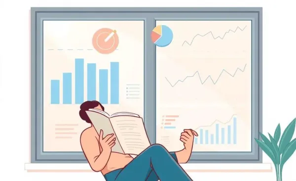 Person reading a finance book with financial charts in the background