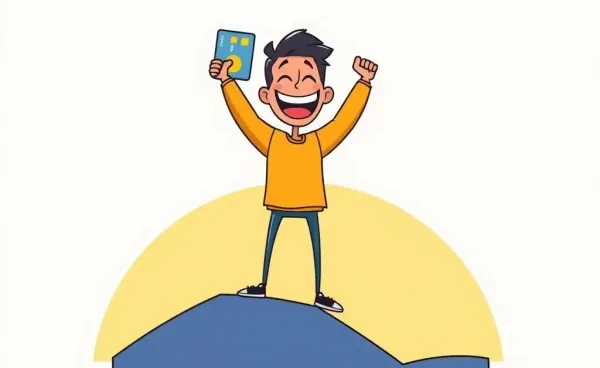Person cutting a credit card with a smile atop a declining debt chart.