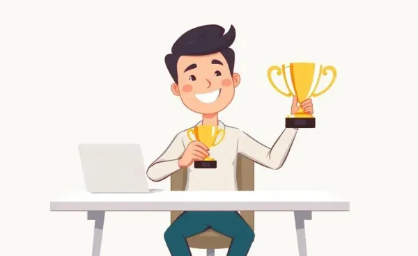 Person at a desk with a trophy, symbolizing achievement.