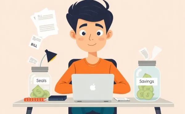 Person budgeting money at a desk with savings jars