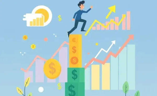A person climbing a career ladder surrounded by financial symbols and charts