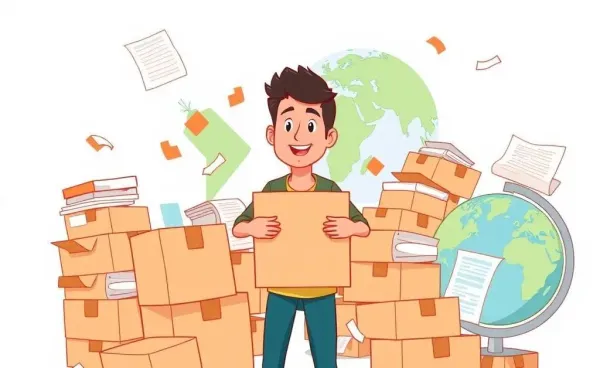 Cartoon person with moving boxes and globe