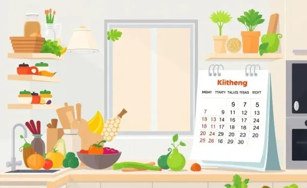 An illustrated kitchen with a 30-day cooking calendar