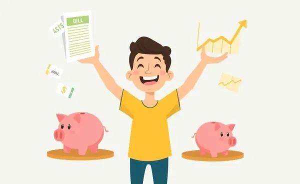 A person cheerfully juggling various personal finance elements.