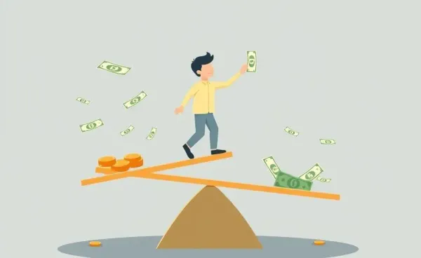 A person balancing a budget on a seesaw with dollar bills and coins