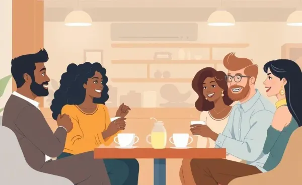 Group of people in their 30s discussing finances over coffee