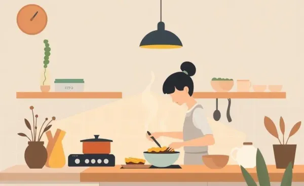 A cozy kitchen with a person cooking a warm homemade meal