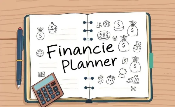 Financial planner notebook with doodles of money bags and a calculator