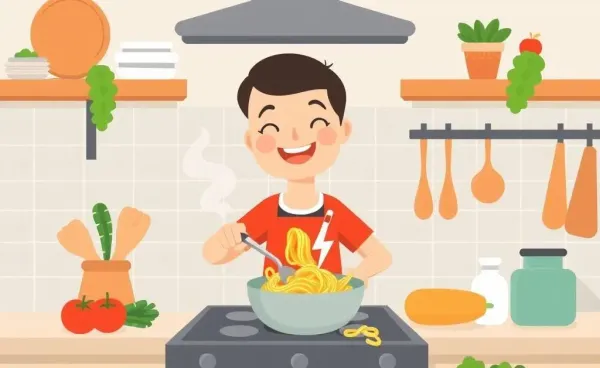 A hand-drawn cartoon of a person cooking in a home kitchen