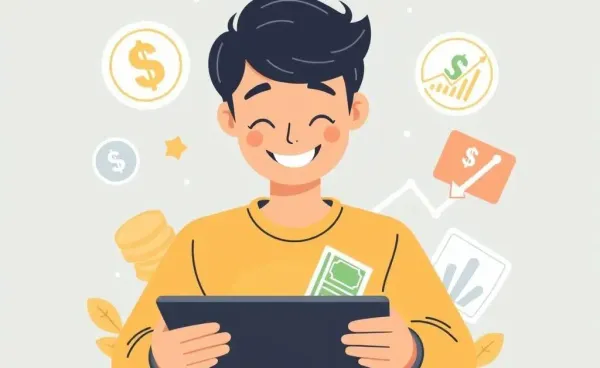 A person reviewing finances with symbols of financial growth