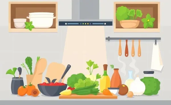 Illustration of a modern kitchen with fresh ingredients