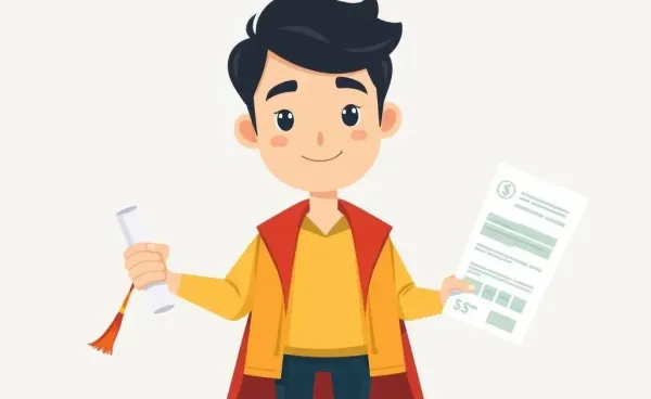A drawing of a graduate holding documents representing ten years of financial learning