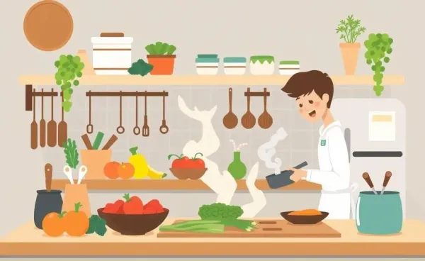 A cozy kitchen scene with a person happily cooking