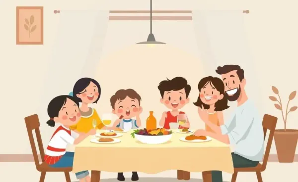 A cartoon family having dinner with a lighthearted discussion
